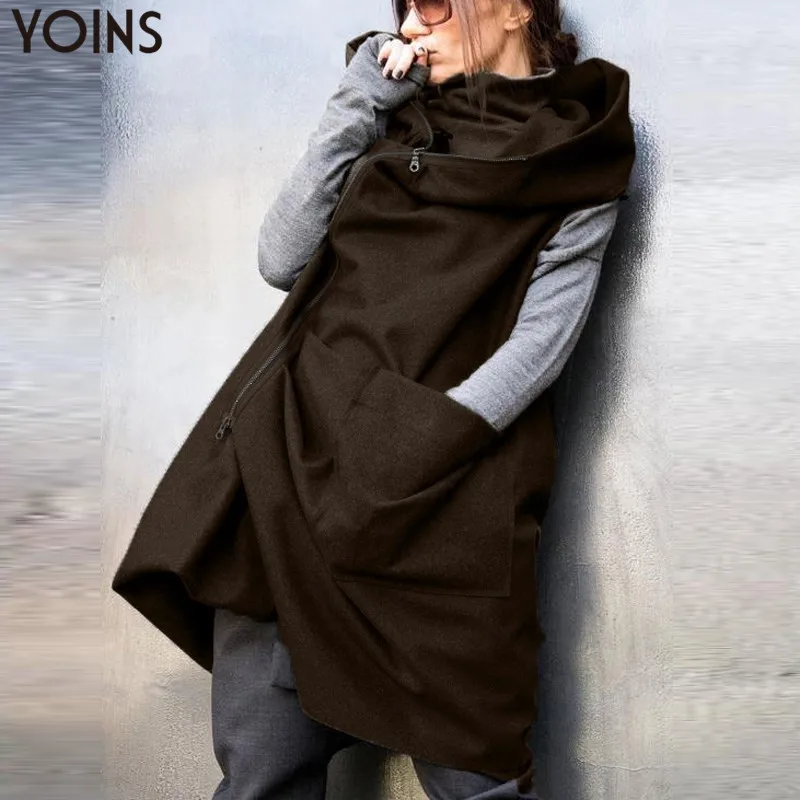 2019 YOINS осенний женский жилет на молнии с капюшоном шерстяной пальто свободная