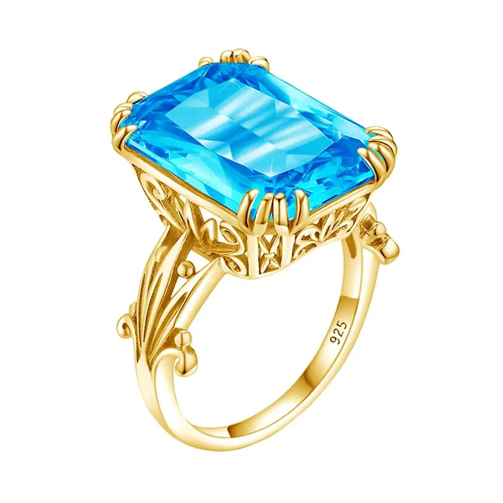 

14k Gold Rings For Women Lucky Exquisite Gemstone Ring Flower Prong Setting Rectangle Blue Topaz Christmas Gift Silver Jewelry