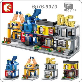 6076-6079 Sembo Mini City Street, кофейная пицца, хижина, магазин, ресторан, Китай, городской набор, 3D модель, блоки, строительные игрушки для детей, без коробки - Цвет: 6076-6079