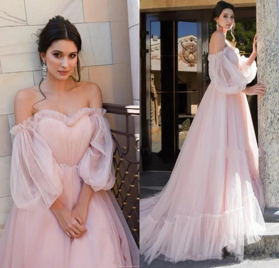 

Pink Prom Dresses 2020 Women Party Night Long Sleeves Evening Dress Mother And Daughter Vestidos De Gala A-Line Robe De Soiree