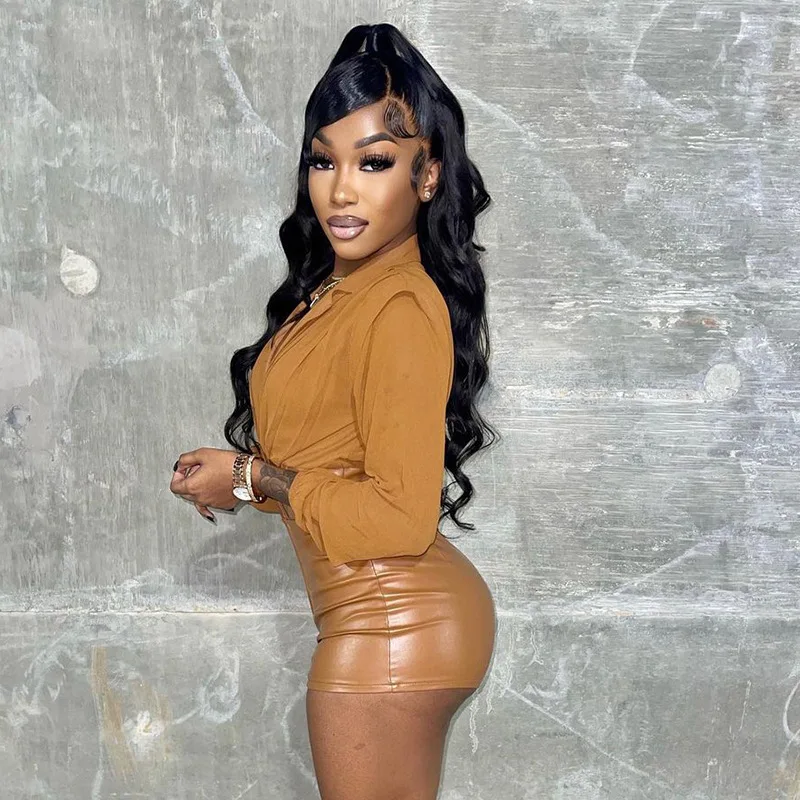 Женский шифоновый комбинезон из ПУ кожи с V-образным вырезом и лацканами |