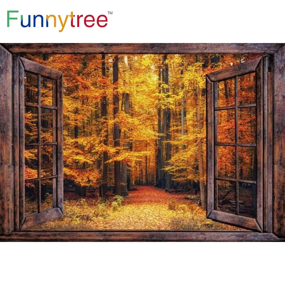 

Funnytree Autumn Background Maple Leaves Halloween Wooden Windows Interior Forests Thanksgiving Day Family Photozone Backdrop