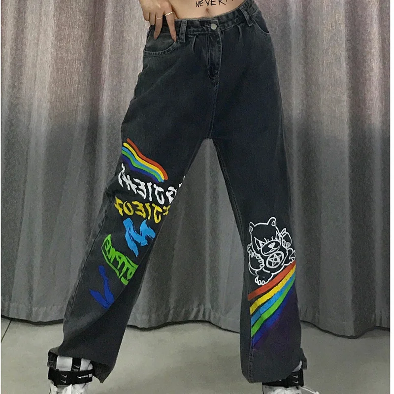 

2021 женские джинсы с радужным принтом, прямые широкие брюки, женские свободные джинсы большого размера с высокой талией, джинсы Y2K, джинсы в с...