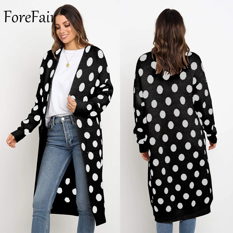 Женский длинный кардиган в горошек Forefair вязаный с карманами Осень-зима 2019 |