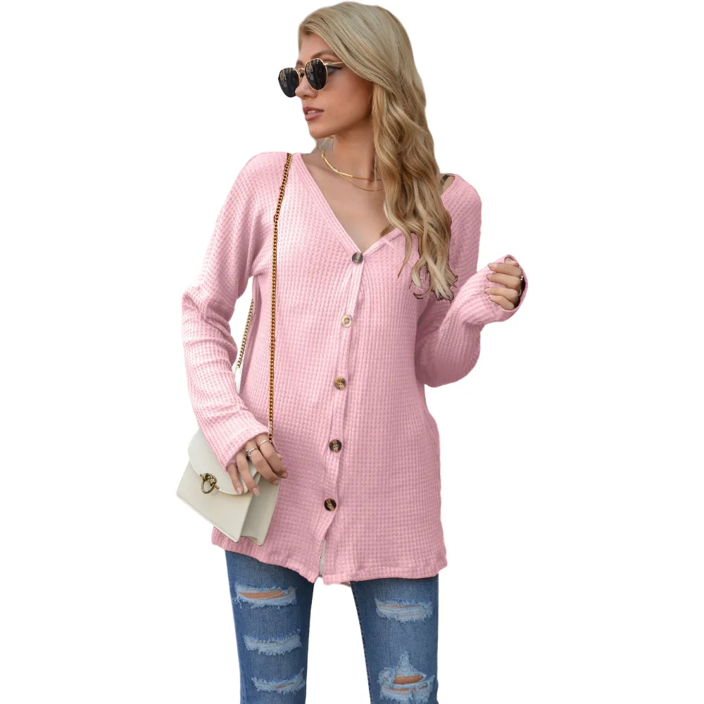 

Women's Waffle Long Sleeve Knitted Cardigan Fashion V-Neck Long Sleeve Tops Ladies Casual Loose Yellow Black Blue Button Top