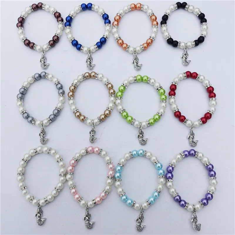 

Mermaid Bracelet Glass Pearl Beads Strand Wristband For Kids Girls Children Rhinestone Jewelry Gift