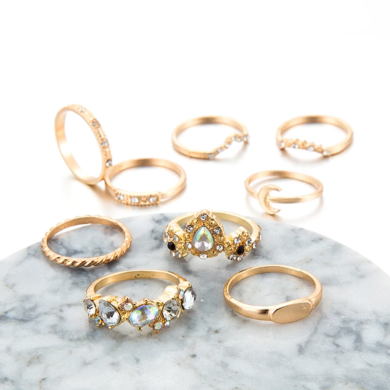 9 шт./компл. набор золотых колец в форме Луны с кристаллами V для женщин турецкое