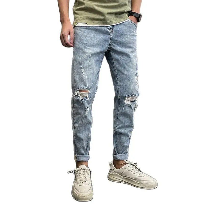 

Spring 2021 Men's Fashion Ripped Hole Jeans Brand Slim Light-colored Beggar Vintage Korean Cowboy Hip Hop Casual Pants