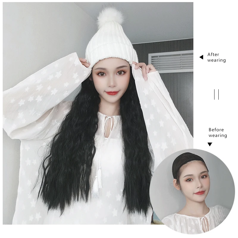 Модная женская мягкая вязаная шапка парик прямые длинные волосы большие