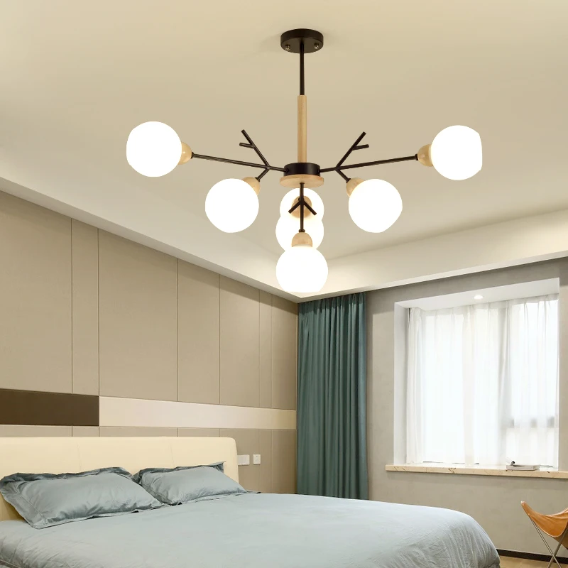 Art design Chandelier Light Branch Hanging Lamp Wooden Iron Chandeliers For Kitchen Study room Living Glass Shade Bulb | Лампы и