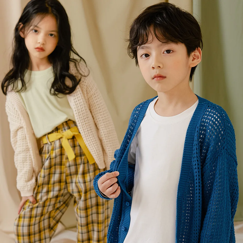 

Children's Sweater Cardigan 2021 Spring New V Neck Hollow Out Knitted Cadigan For Boys Girls Kids Thin Light Casual Sweater Coat
