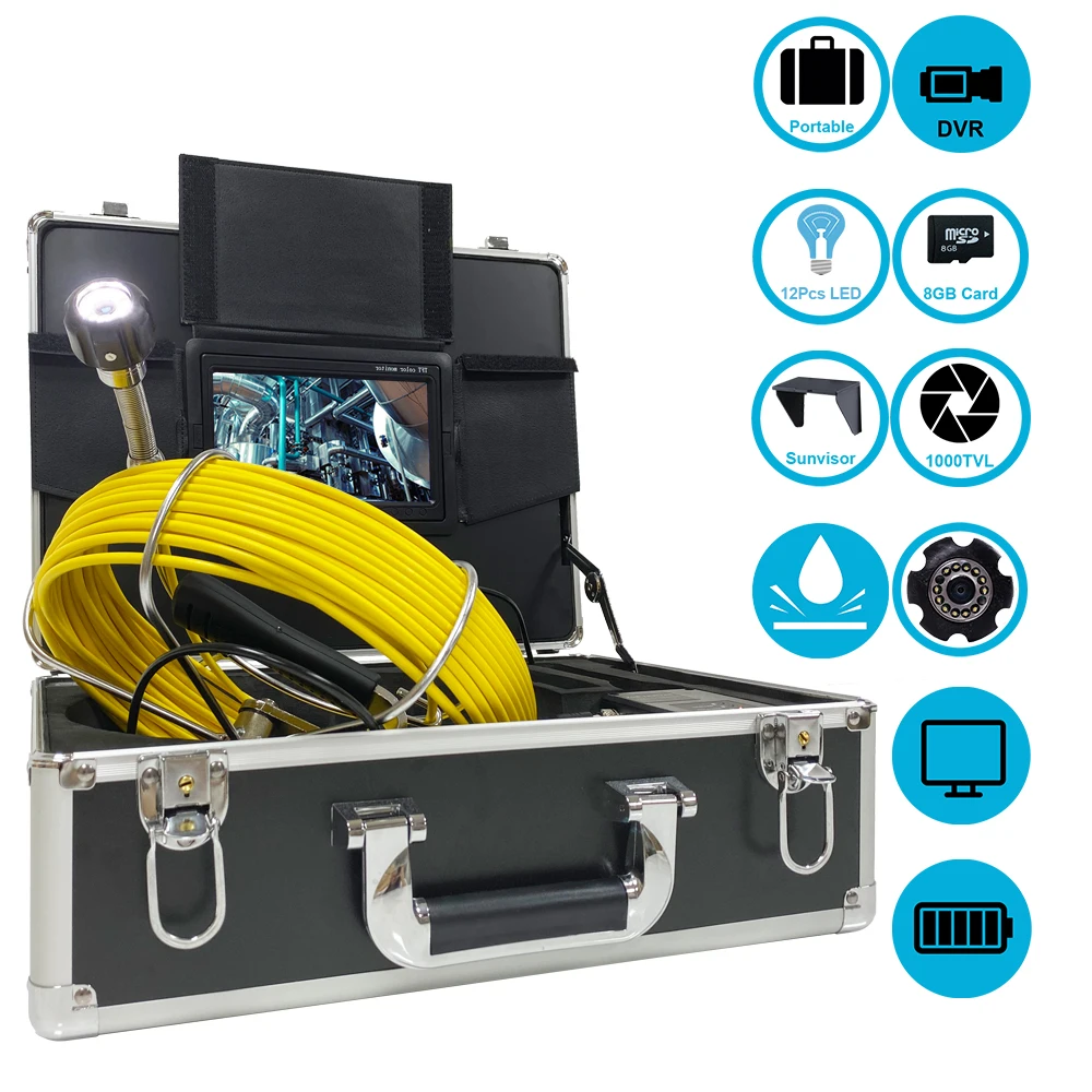 

7inch Industrial Pipe Sewer Inspection Video Camera System 23mm 1000 TVL Camera With 12pcs LED 8G Card Long Cable