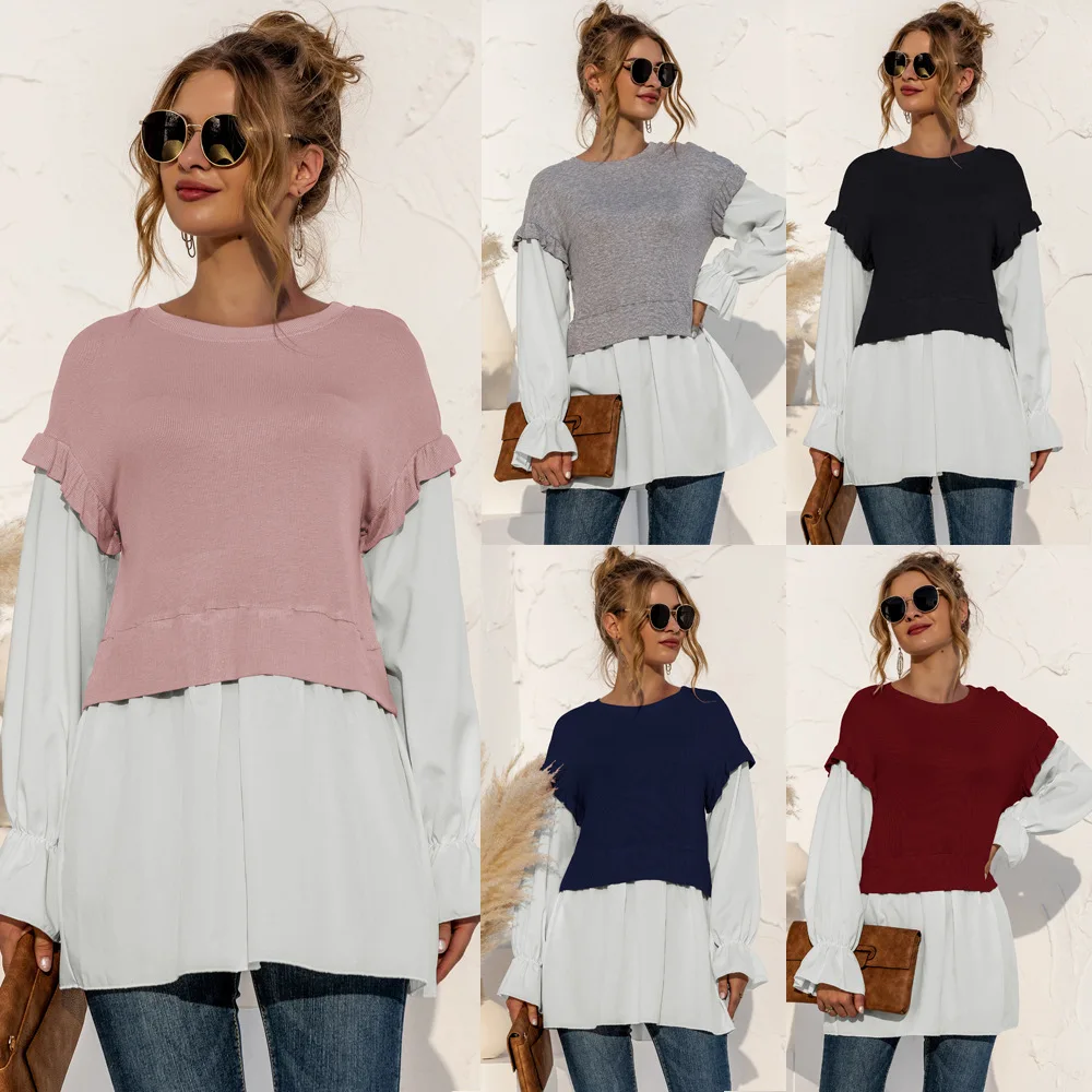 Women Casual Loose Patchwork Blouse Fake Two-piece Tunic Female Round Neck Long Sleeve Top AM3030 images - 6