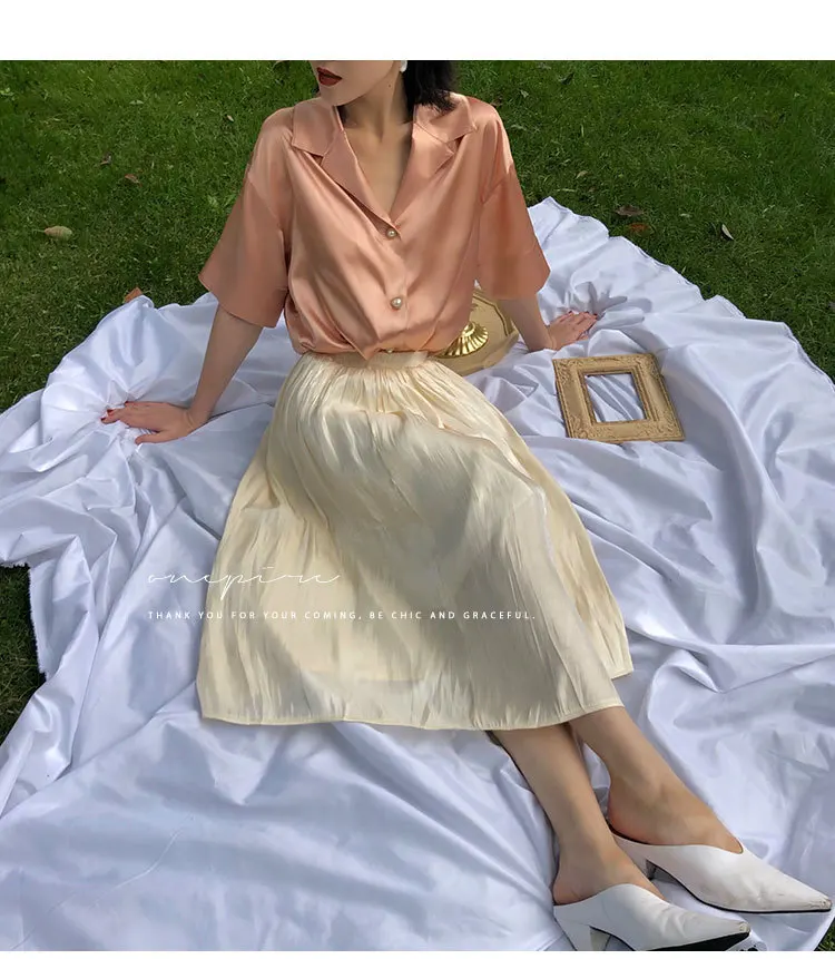 

Summer Women Satin Silk Skirt Women Office Lady Green Skirts Womens Long Skirt A-line Skirt