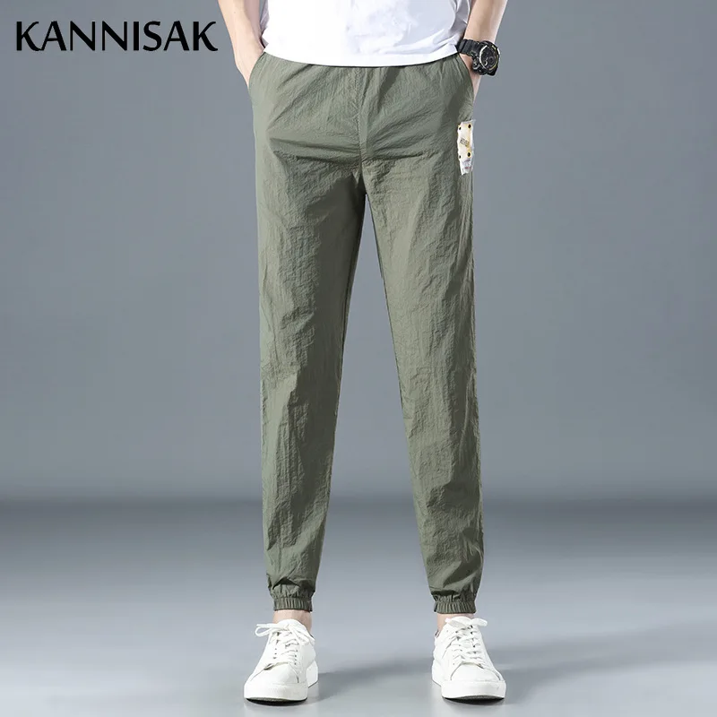 

KANNISAK Men Pants Elastic Waist Summer Lightweight Joggers Pants Tie Feet Full Length Teens Streetwears Spring Autumn Trousers