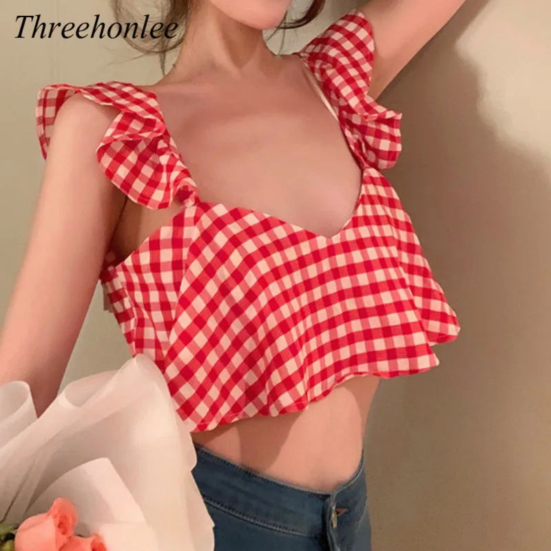 

Sexy Camis Summer Women's Shirt 2021 Summer Spaghetti Strap V-neck Plaid Vintage Sleeveless Fashion Crop Top Female Tees