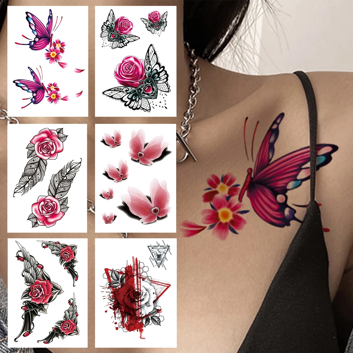 

Watercolor Butterfly Flower Temporary Tattoos For Women Girls Lace Feather Geometry Tattoo Sticker Fake Rose Sexy Tatoos Decor