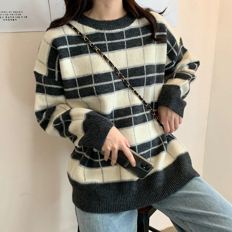 

Srtiped Woman Sweater Autumn Winter 2021 Plaid Pullovers Long Sleeve O Neck Knitted Sweater Korean Tops Casual Loose Jumper
