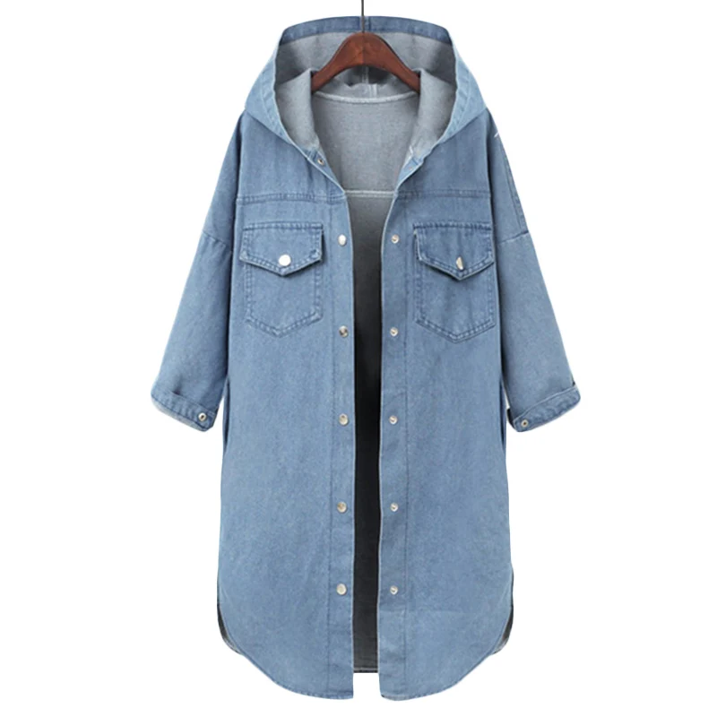 

Spring Autumn New Plus Size Denim Jacket Coat Women Loose Hooded Base Jackets blue Women's Long Sleeve Casual Jeans Jackets