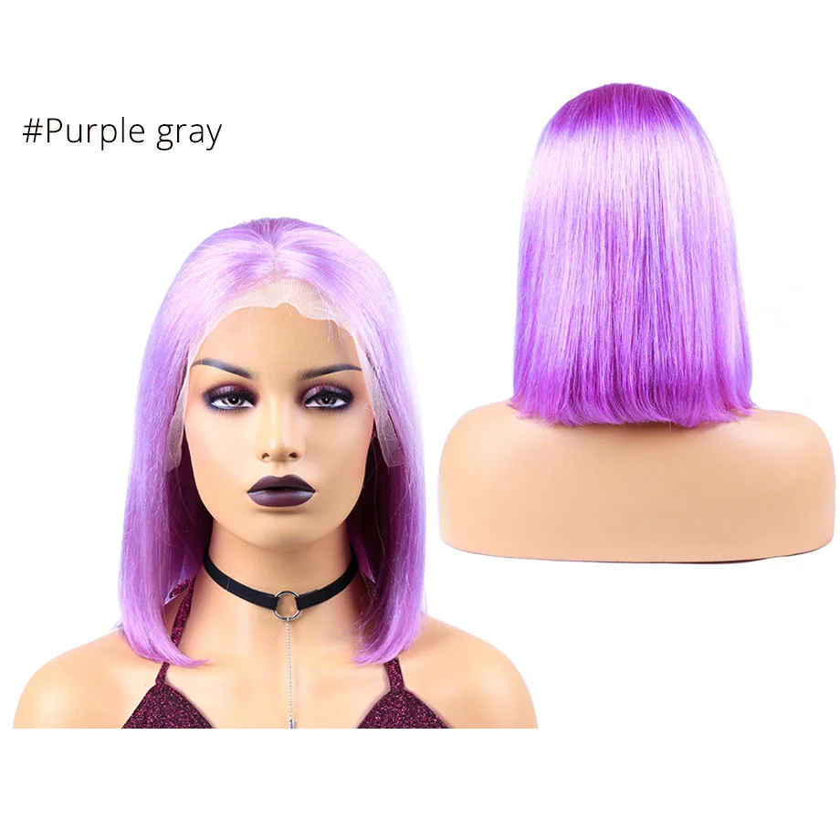 Ombre 13X4 прямой парик короткий Боб кружевные передние парики для женщин предварительно сорванный серый/розовый/зеленый бразильские человеческие волосы парики remy волосы - Цвет волос: Purple gray