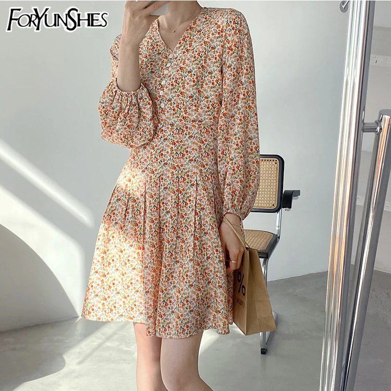 

Lantern Sleeve V-Neck Chiffon Beach Floral Dress Casual Elegant Dresses Summer Clothes For Women 2021 Party Vestidos De Verano