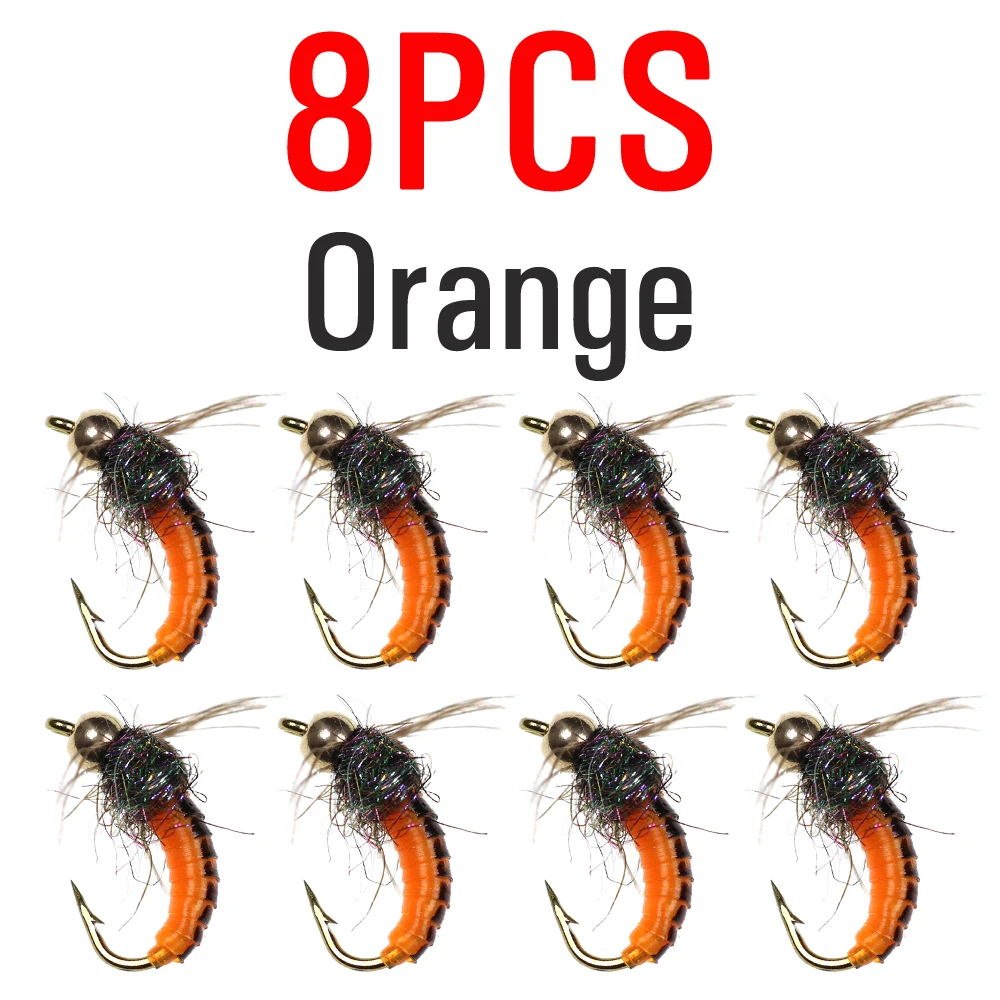 8pcs Orange Color ICERIO 8 шт.#12 латунная бусина голова быстро Тонущая Nymph Scud Жук червь мухи форель нахлыстом приманка для рыбалки - Цвет: 8pcs Orange Color
