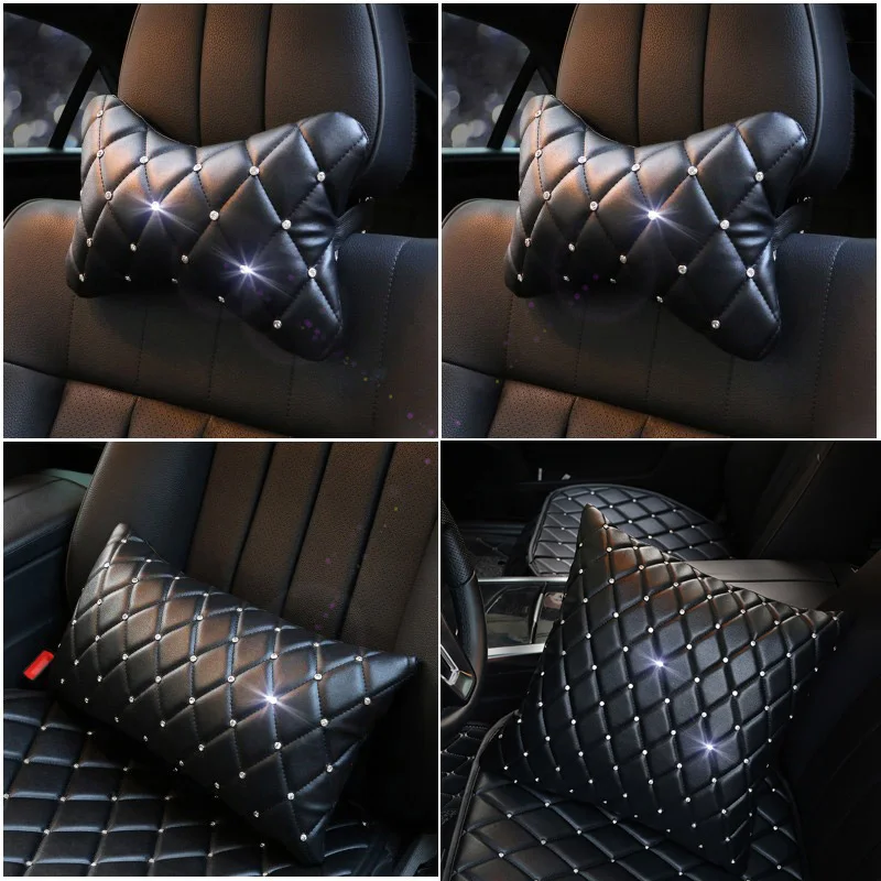 

Diamond Leather Car Headrest Neck Pillow Waist Support Crystal Rhinestones Car Seat Cushion Covers Styling Interior Accessories