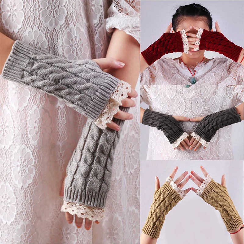 Осенне-зимние женские комбинированные шерстяные перчатки без Пальцев толстые