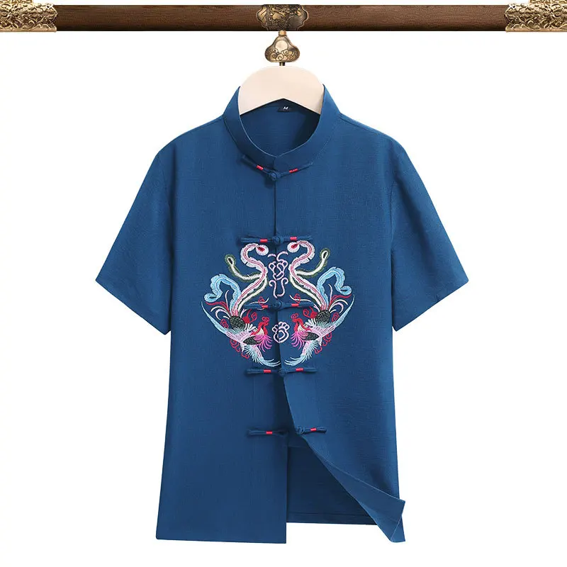 

Vintage Mandarin Collar For Men And Women Short Sleeve Shirt Summer Chinese Traditional Couple Tang Tops Kong Fu Clothing