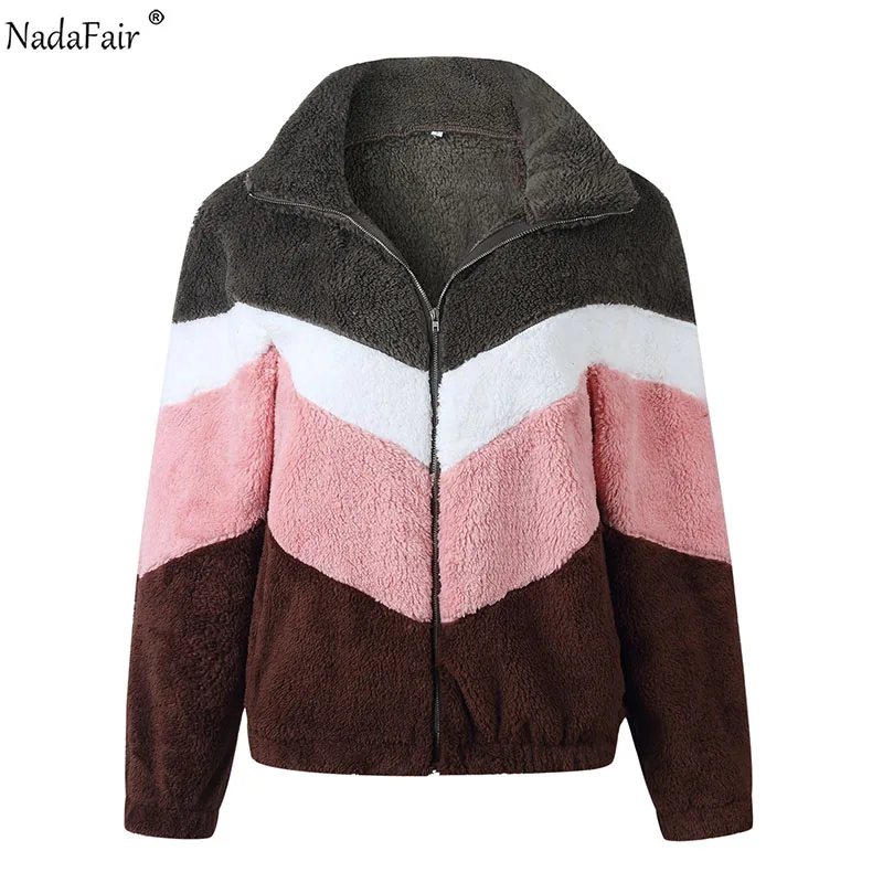 Nadafair PinkBlack лоскутное повседневное плюшевое пальто для женщин плюшевая зимняя куртка из искусственного меха пальто женское пушистое пальто