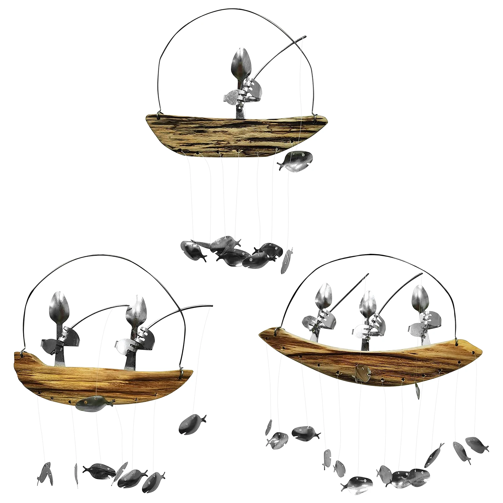 

Fishing Man Wind Chime Iron Art Crafts Wooden Boat Angling Pendant Handmade Spoon Fish Home Hanging Decoration