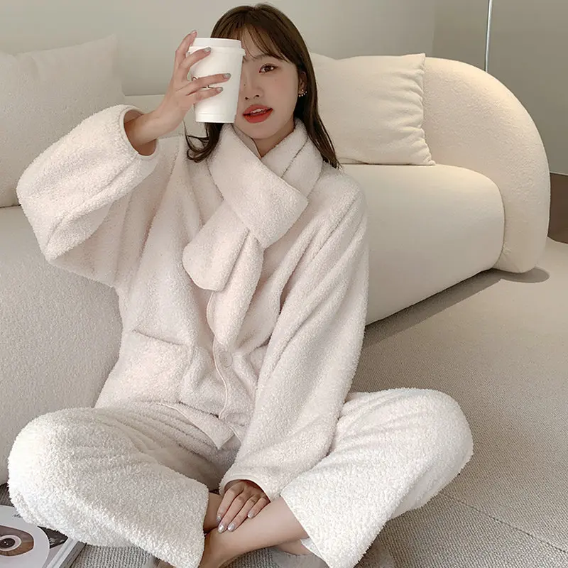 

Winter Women Cozy Soft Warm Pajama Sets White Blue Gray Purple Black Lmitation Lambs Wool Fleece 3 Pieces Sleep Lounge Homewear