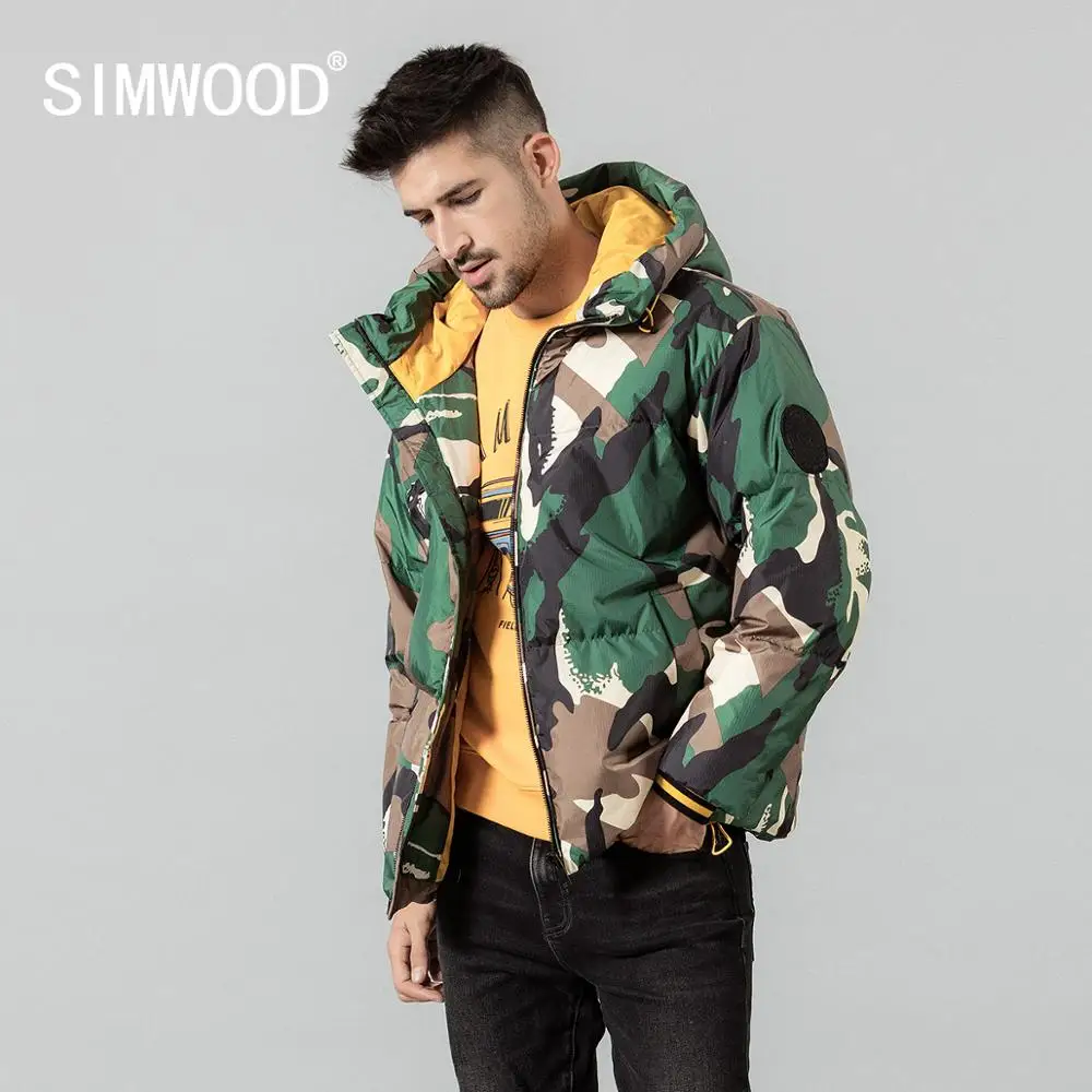 Мужское зимнее пальто SIMWOOD теплый Камуфляжный пуховик с капюшоном из 80% белого