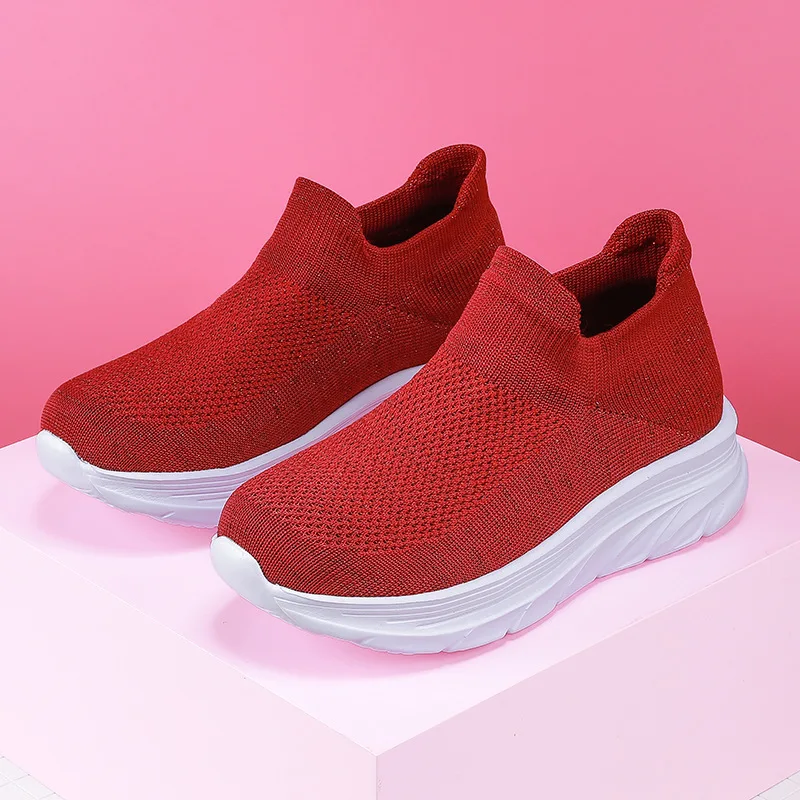 

2021 Women Vulcanized Shoes Thick-soled Mesh Fly Weave Shoes Slip-on Women Sock Shoes Cozy Soft Women Sneakers Tenis Feminino