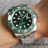 bliger green luxury men watch 316l steel case 24 jewels nh35 miyota 8215 brushed oyster strap sapphire crystal screw crown