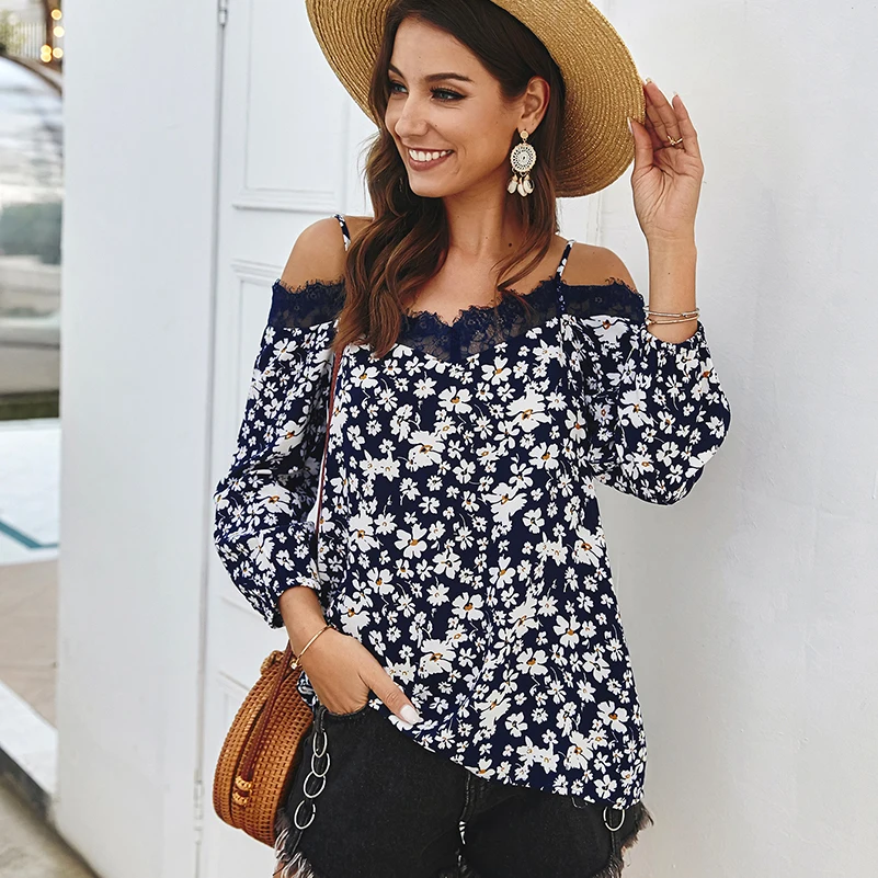 

Богемный летний женский пикантный маленький кружевной топ на бретельках с воротником Женская новая хлопковая Футболка с узором темперамен...