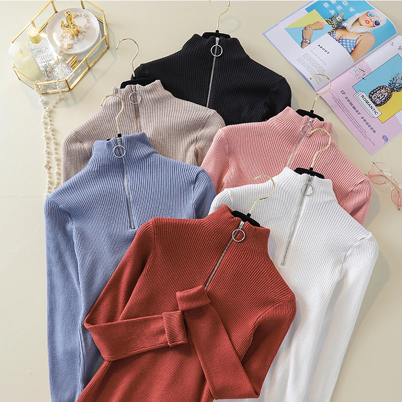 Женский трикотажный пуловер на молнии с кольцом Осень-зима женские элегантные