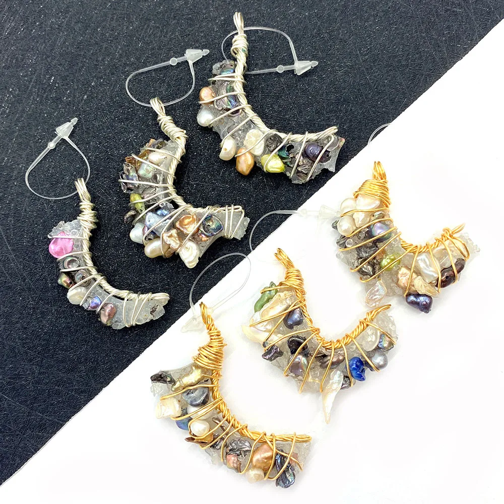 

Natural Baroque Pearl Pendant Necklace Moon Shape Crystal Winding Copper Wire Jewelry DIY Making Necklace Accessories Charm