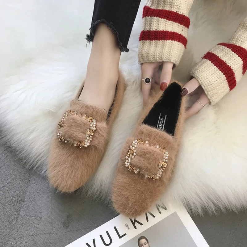 Металлическая квадратная пряжка с кристаллами лоферы на меху зимняя теплая