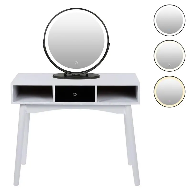 

Bedroom Net Red Vanity Mirror Household Round Rotatable Black Frame Bath Beauty Mirror Desktop Makeup Mirror LED With Light HWC