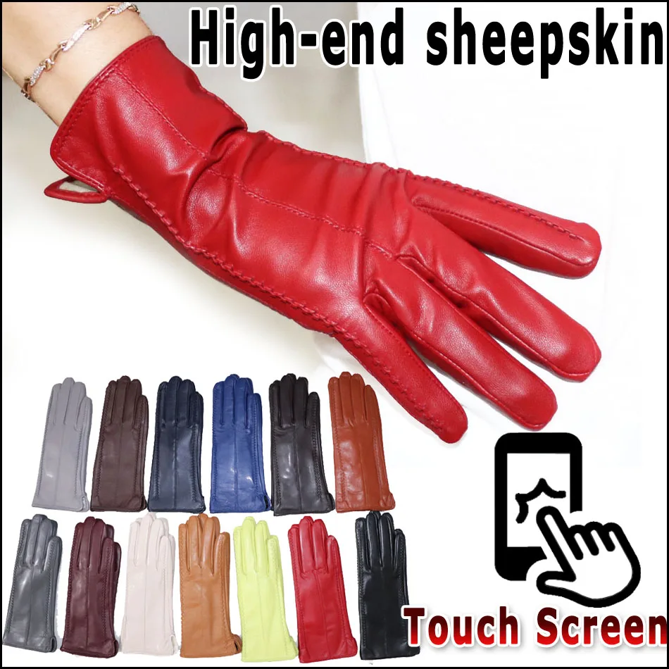High-end Leather Women's Sheepskin Gloves to Keep Warm in Autumn And Winter Thin And Thick Touch Screen Driving Color Cycling