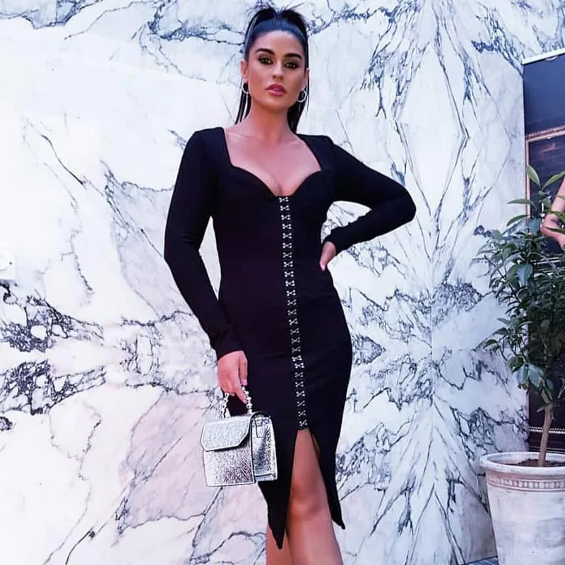 Linglewei New Spring and Summer Women's Dress Knitting splicing Temperament sexy square neck Fork opening Double-breasted dress | Женская