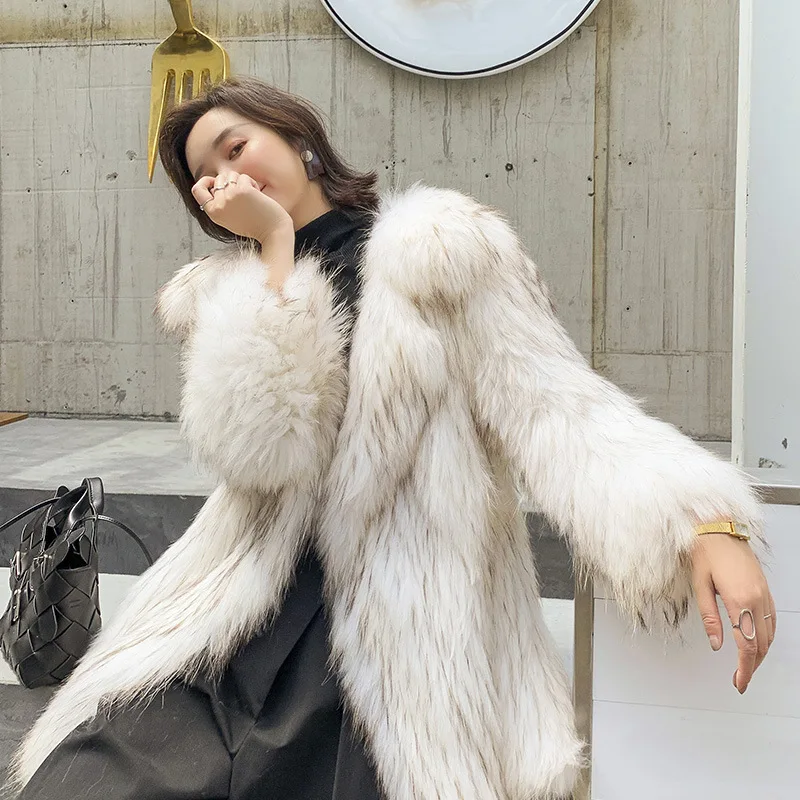Fashion Slim Real Raccoon Dog Fur Coats Knitted Full Pelt Mid-length Turn-down Collar Oversize Office Lady Winter Women Overcoat