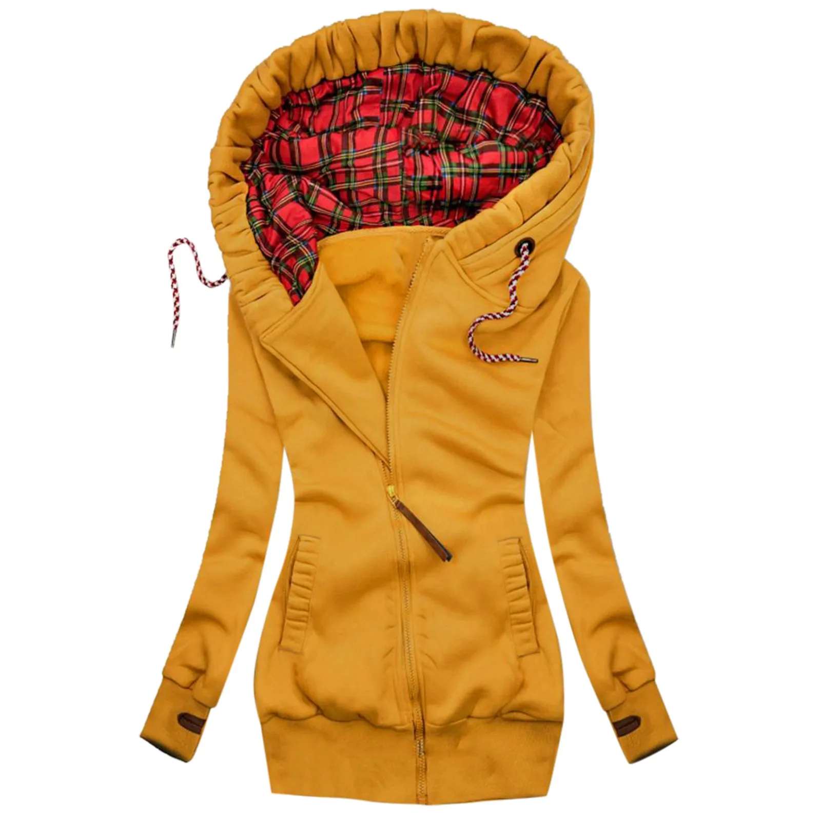 2021 Zip Up Hoodie Women Fashion Plaid Print Jacket Zipper Pocket Sweatshirt Long Sleeve Coat Sudadera Mujer Jacket Outwear Zipp