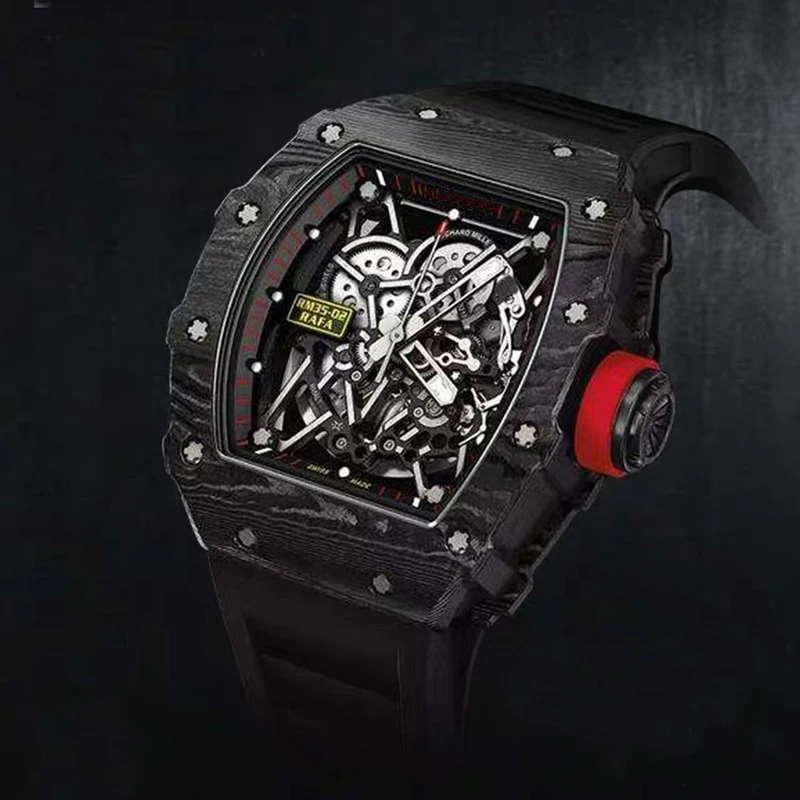 

Luxury Brand New Men Watch Black RM 35-02 Three-dimensional Hollow NTPT Carbon Fiber Red Crown Automatic Mechanical Rubber Strap
