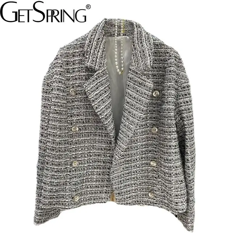 

Getspring Women Woolen Coat Double Breasted Vintage Tweed Jacket Pink White Black Fashion Autumn And Winter Overcoat 2021 New