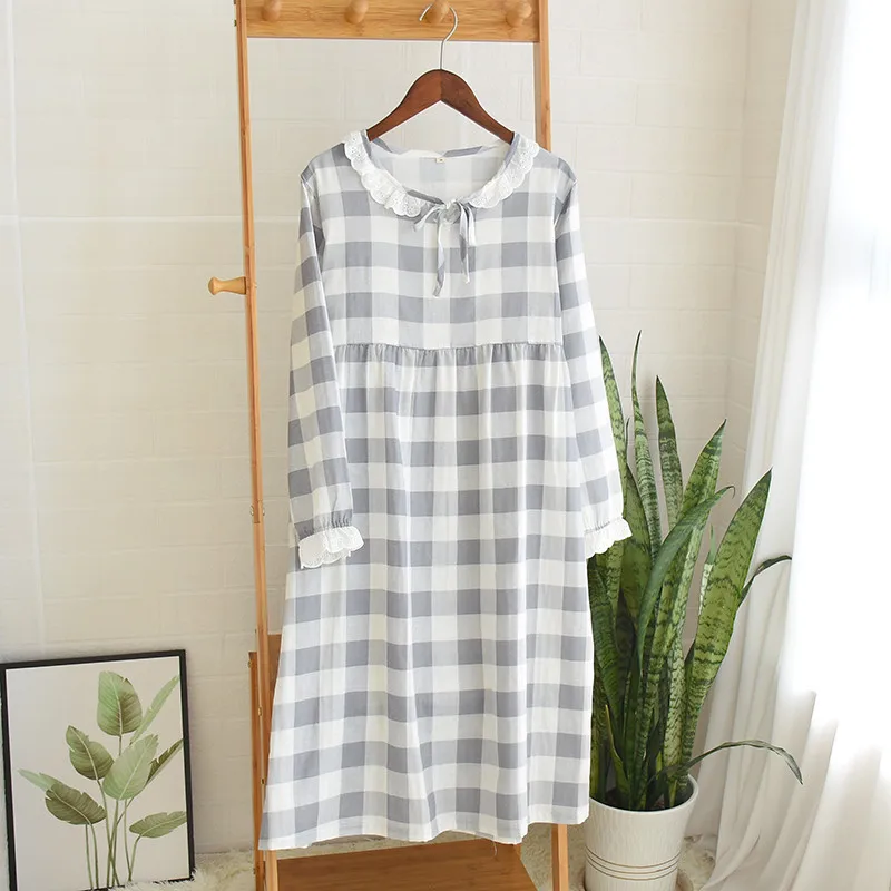 Женская двухслойная газовая ночная рубашка простая Ночная в клетку с длинным