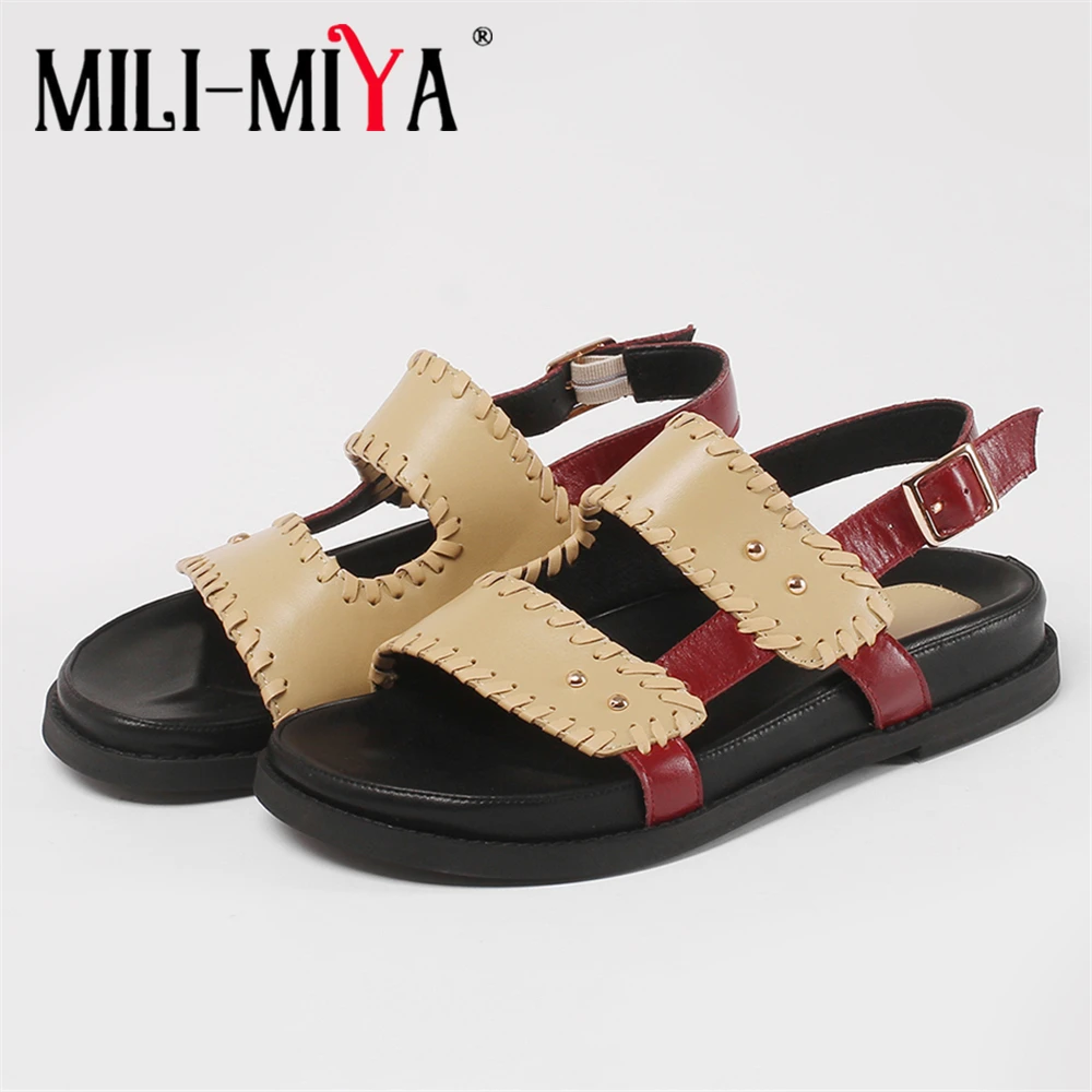 

MILI-MIYA Leisure Style Women Genuine Leather Flat Gladiator Sandals Summer Peep Toe Buckle Strap Beach Casual Rubber Shoes Brow