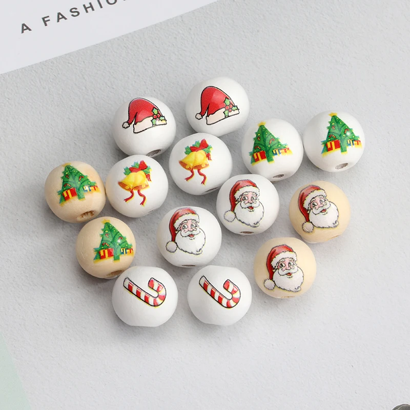 

DIY 16MM Christmas Round Wooden Beads Fashion Custom New Year Holiday Party Decoration Children's ToysBracelet Accessories