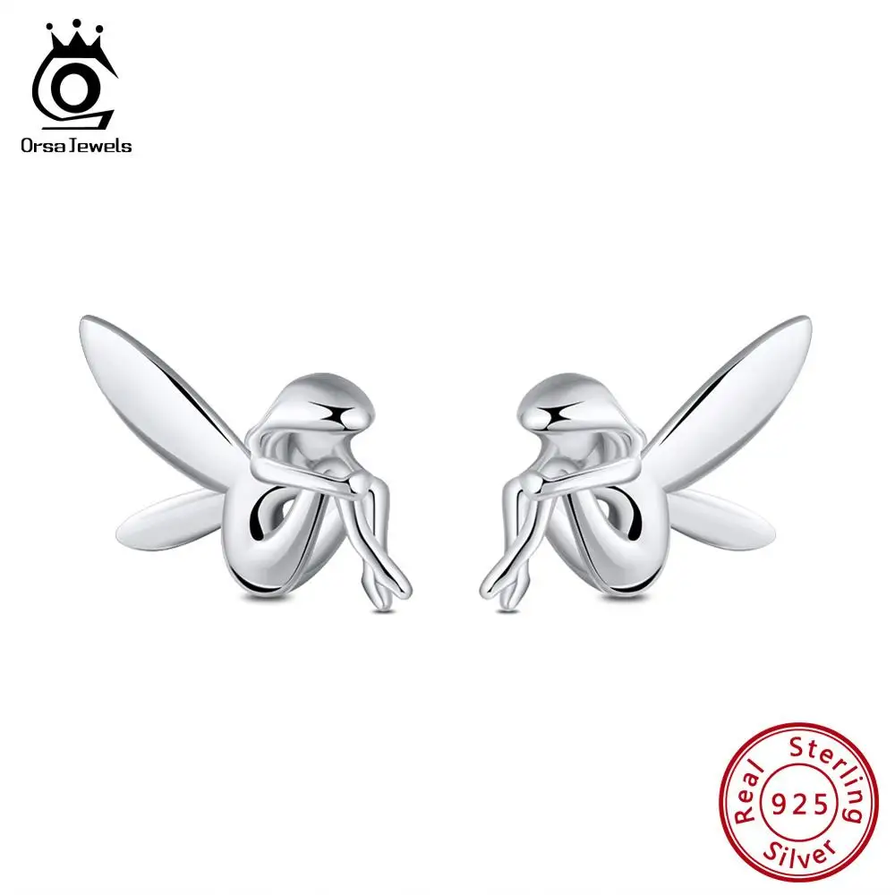 ORSA JEWELS 925 пробы серебряные женские серьги в форме сказочного эльфа, серьги-гвоздики в форме угловых крыльев, серебряные ювелирные изделия Brincos OSE97